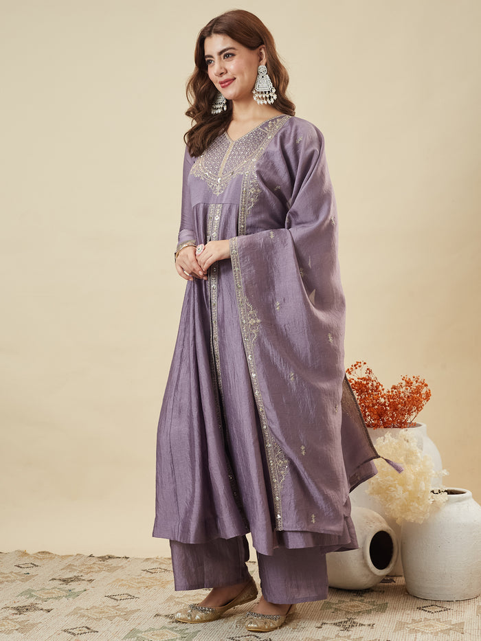 Lavender Anarkali Suit Set with Embroidered Dupatta