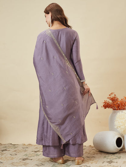 Lavender Anarkali Suit Set with Embroidered Dupatta