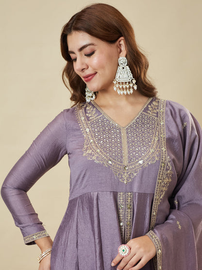 Lavender Anarkali Suit Set with Embroidered Dupatta