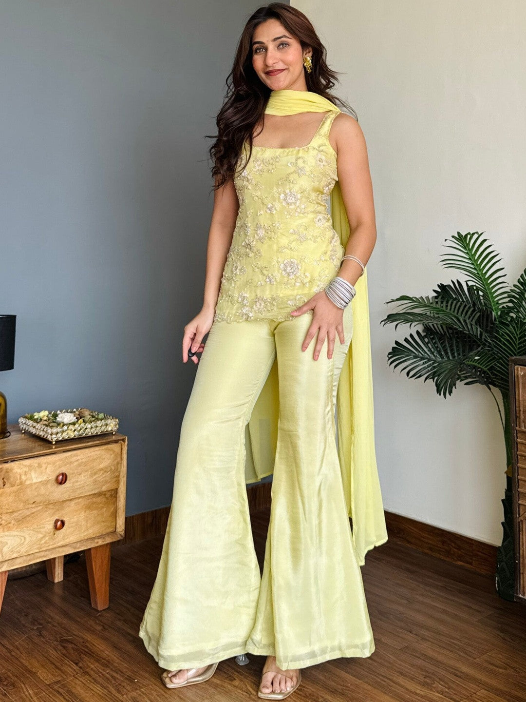 Elegant Faux Georgette Embroidered Festive Sharara Suit Set