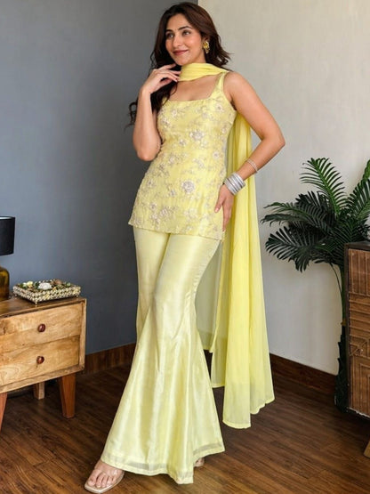 Elegant Faux Georgette Embroidered Festive Sharara Suit Set