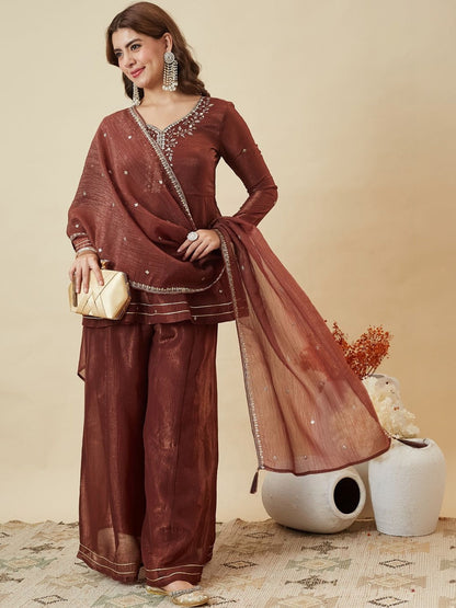 Elegant Brown Fandy Silk Embroidered Festive Suit Set