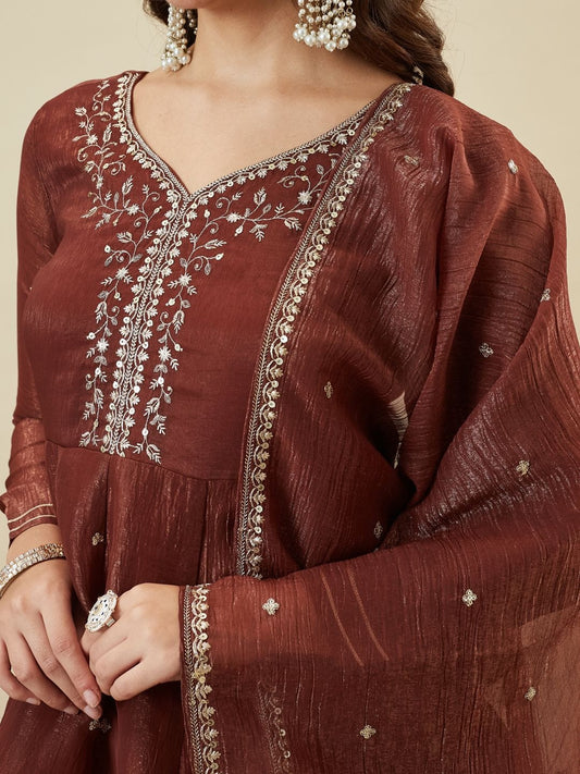 Elegant Brown Fandy Silk Embroidered Festive Suit Set