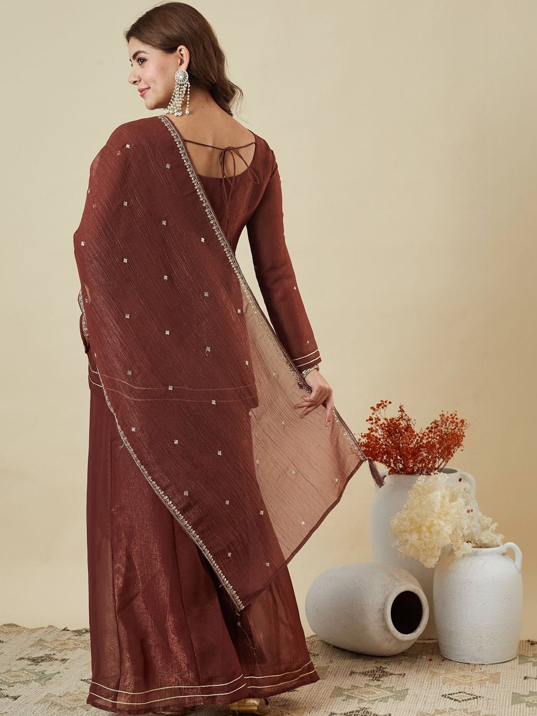 Elegant Brown Fandy Silk Embroidered Festive Suit Set