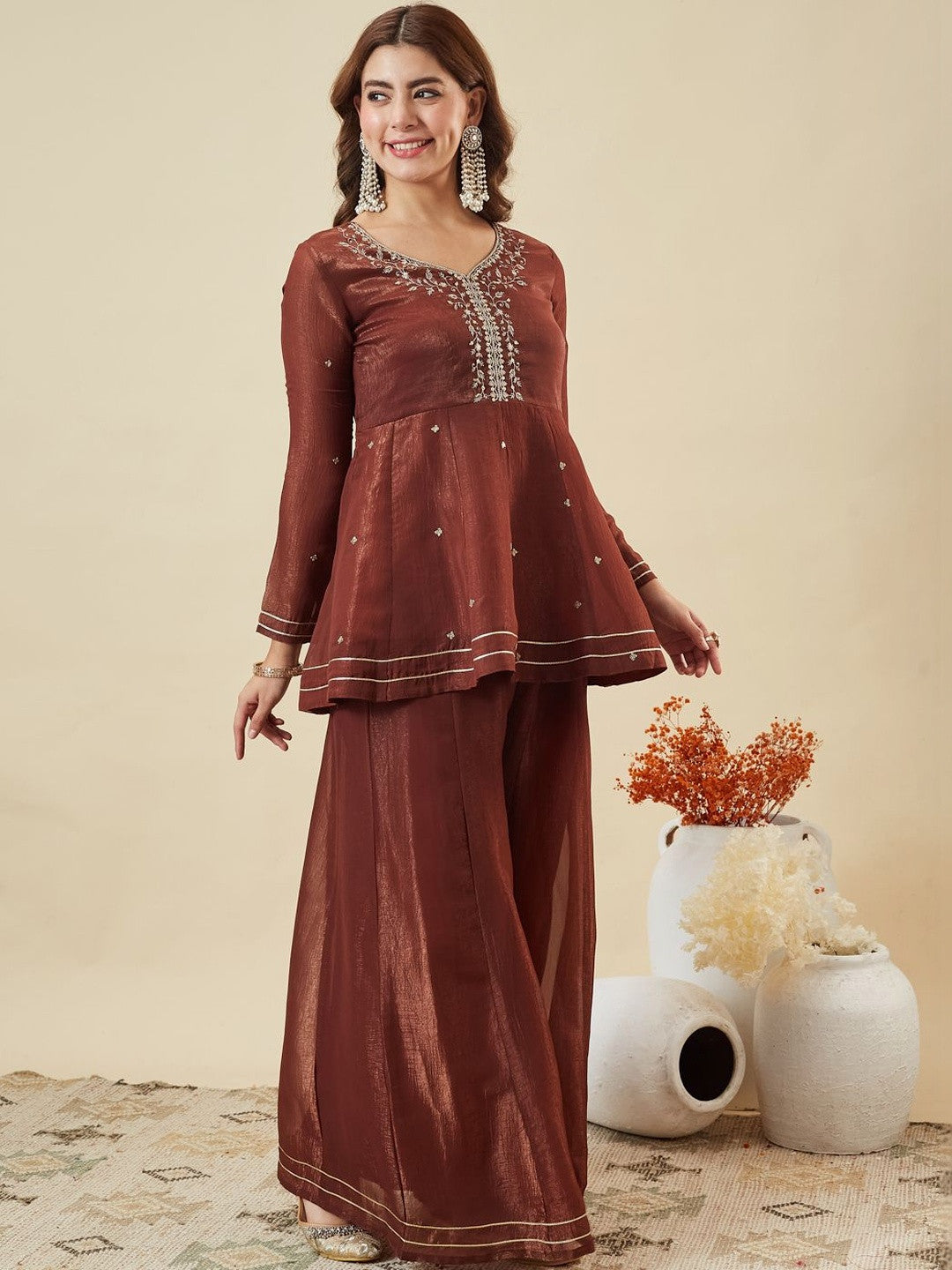 Elegant Brown Fandy Silk Embroidered Festive Suit Set
