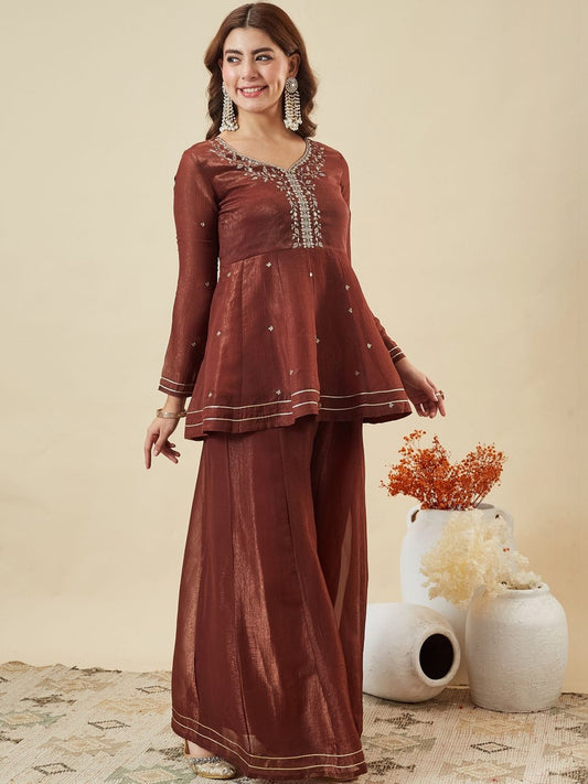 Elegant Brown Fandy Silk Embroidered Festive Suit Set
