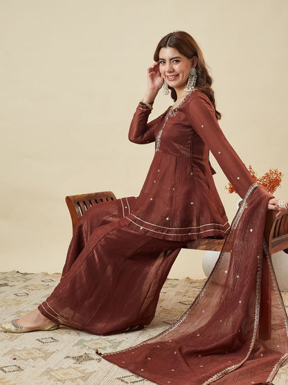 Elegant Brown Fandy Silk Embroidered Festive Suit Set