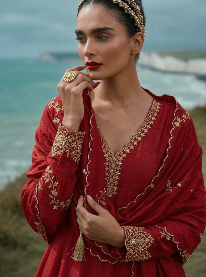 Elegant Red Vichitra Silk Embroidered Festive Suit Set