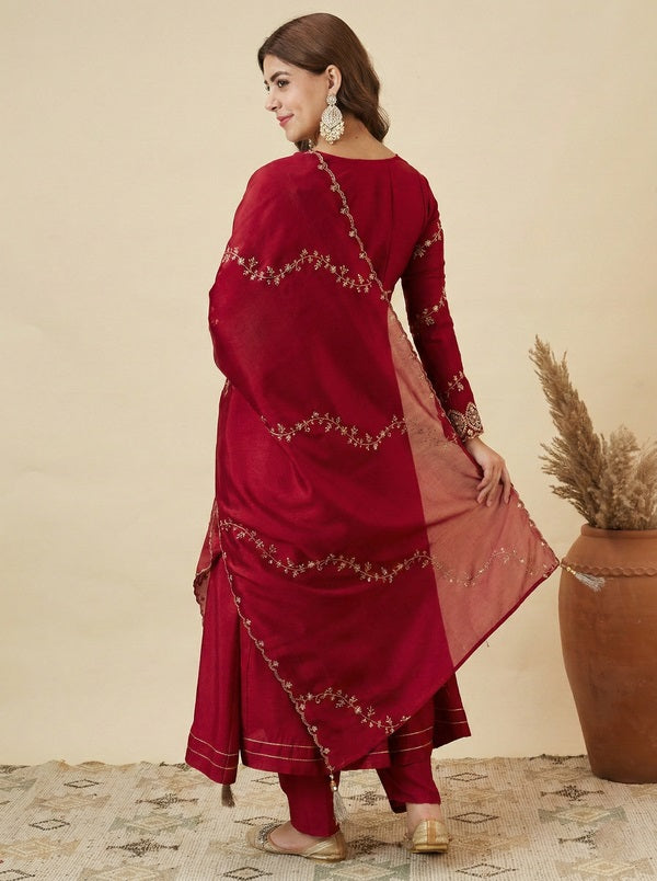 Elegant Red Vichitra Silk Embroidered Festive Suit Set