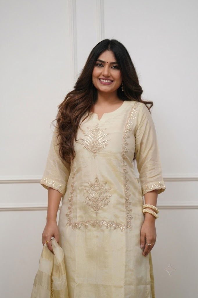 Elegant Cream Heavy Chinon Embroidered Festive Suit Set