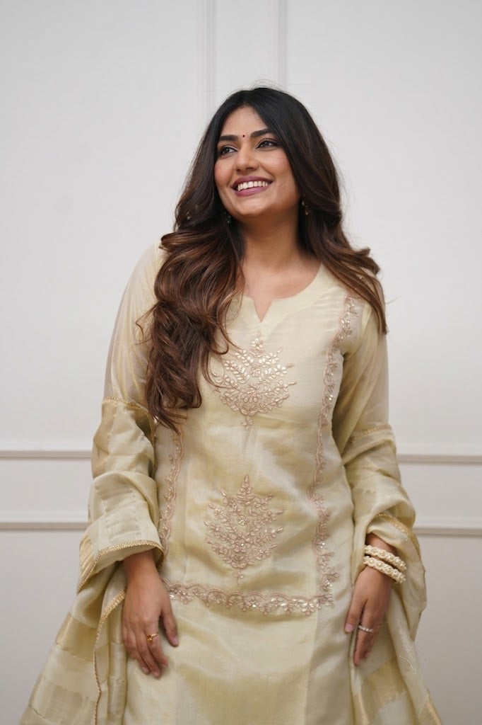 Elegant Cream Heavy Chinon Embroidered Festive Suit Set