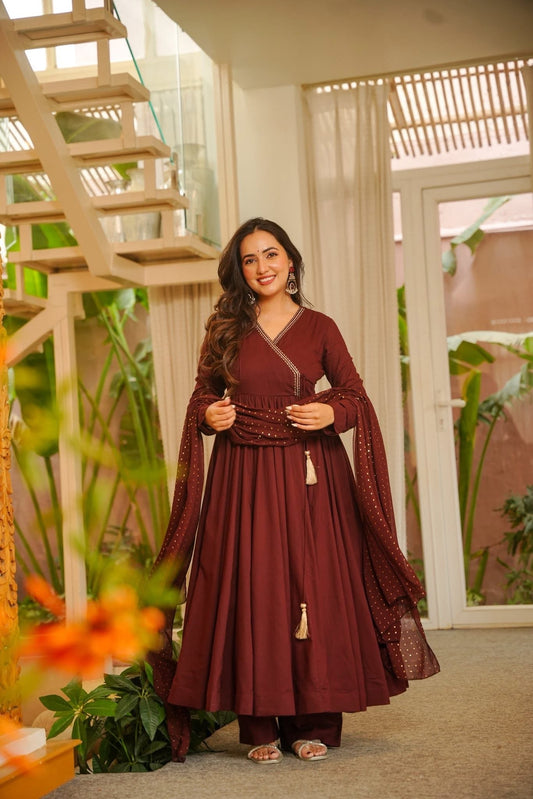 Maroon Embroidered Anarkali Kurta Set With Dupatta