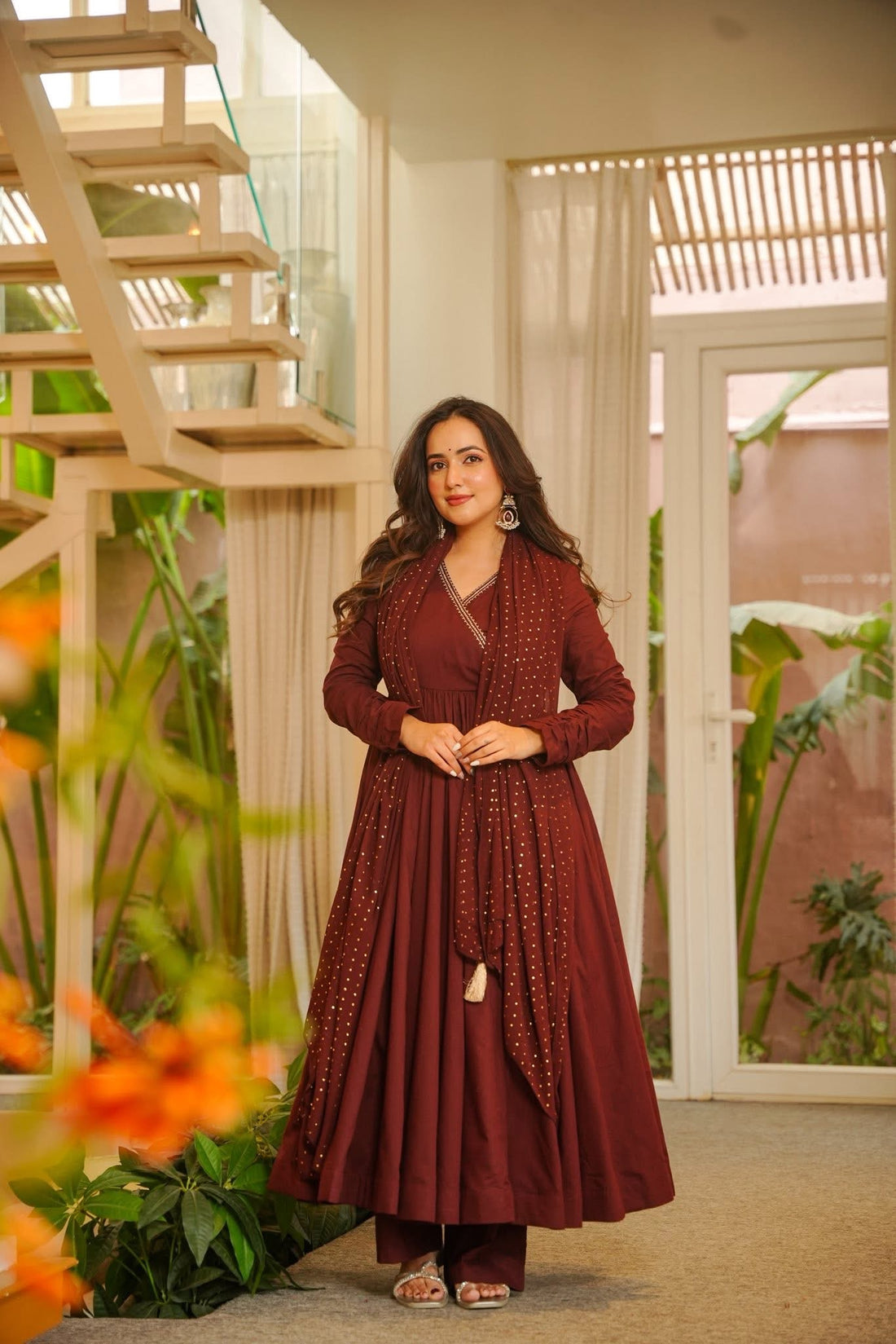 Maroon Embroidered Anarkali Kurta Set With Dupatta
