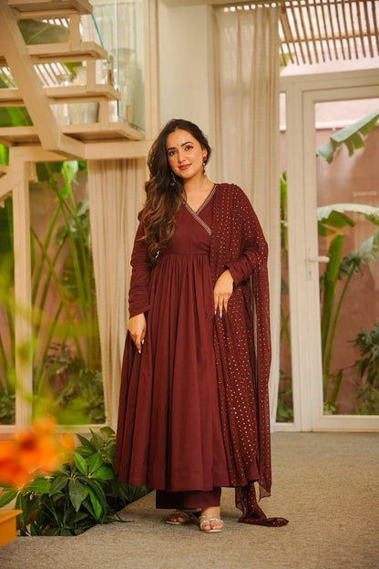 Maroon Embroidered Anarkali Kurta Set With Dupatta