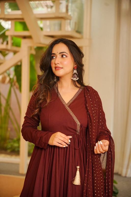 Maroon Embroidered Anarkali Kurta Set With Dupatta
