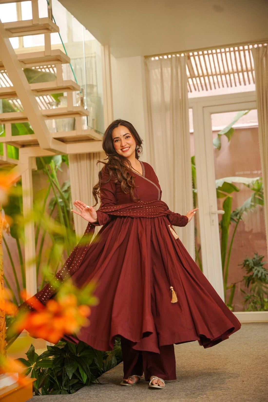 Maroon Embroidered Anarkali Kurta Set With Dupatta