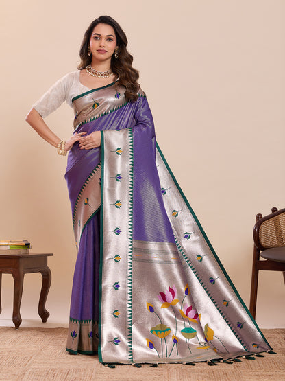 Elegant Purple Silver Saree with Traditional Lotus Motif Design