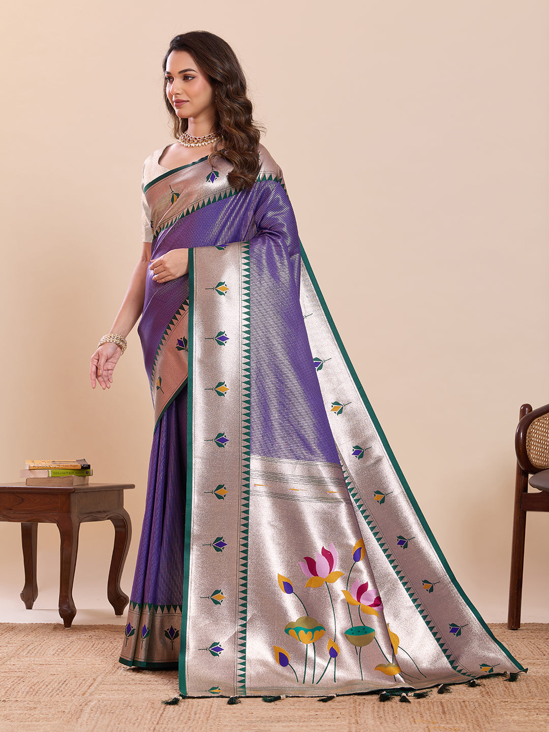 Elegant Purple Silver Saree with Traditional Lotus Motif Design