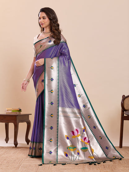 Elegant Purple Silver Saree with Traditional Lotus Motif Design