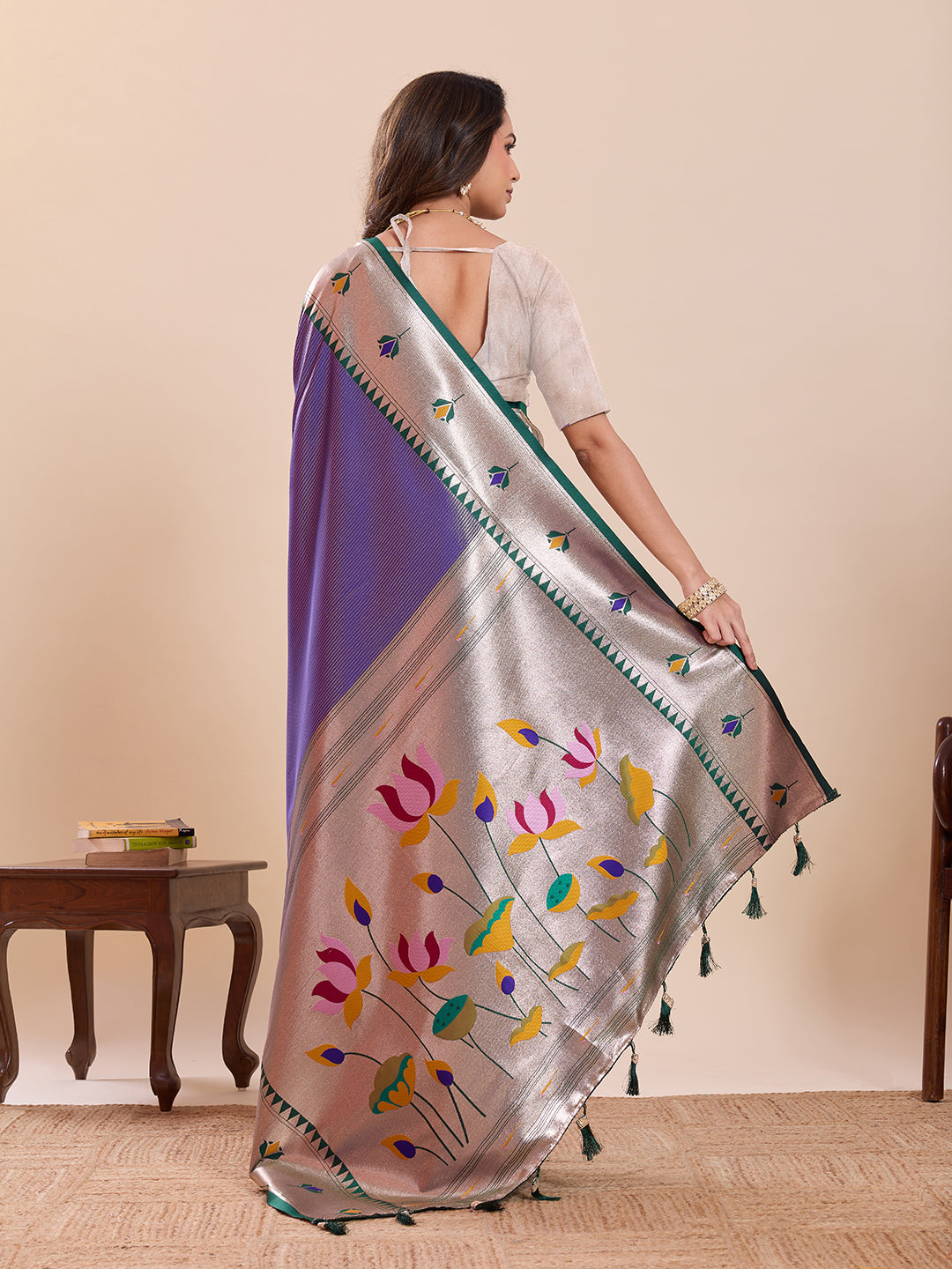 Elegant Purple Silver Saree with Traditional Lotus Motif Design