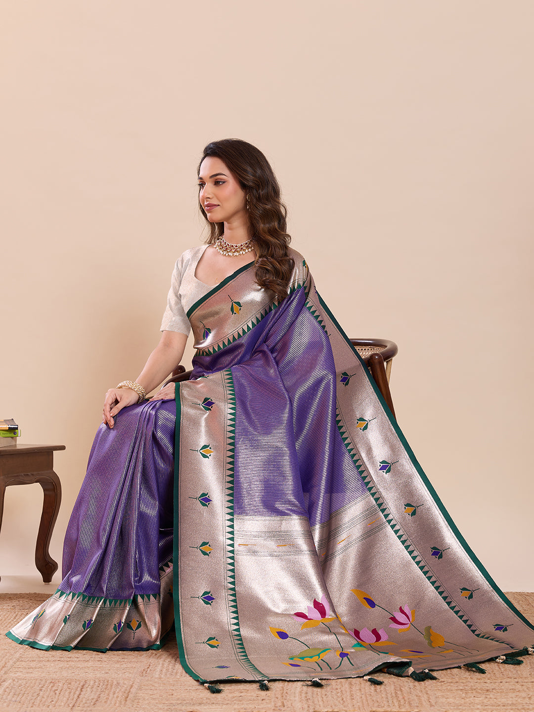 Elegant Purple Silver Saree with Traditional Lotus Motif Design