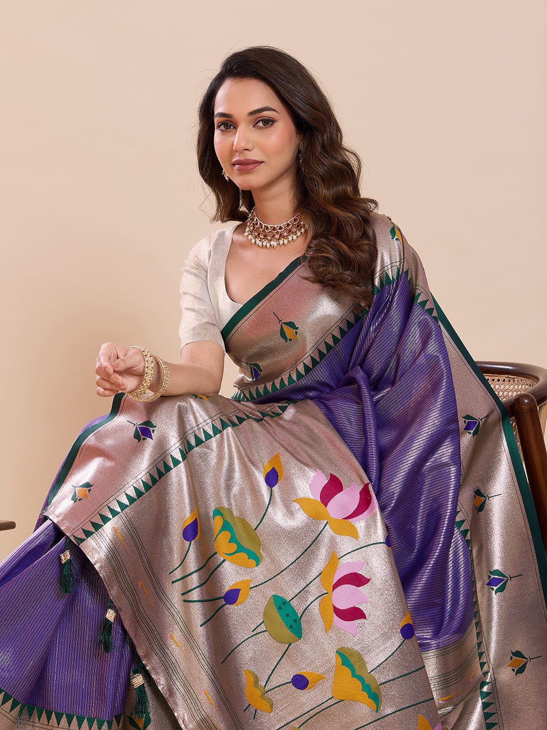 Elegant Purple Silver Saree with Traditional Lotus Motif Design