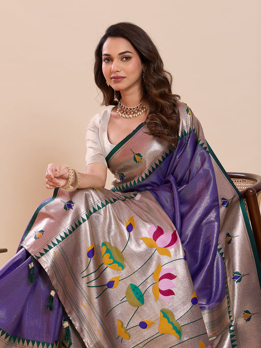 Elegant Purple Silver Saree with Traditional Lotus Motif Design