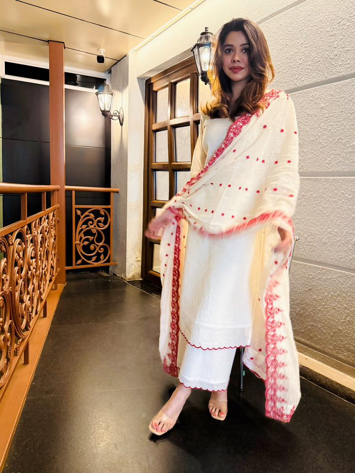 White Cotton Embroidered Kurta Set with Dupatta for Women