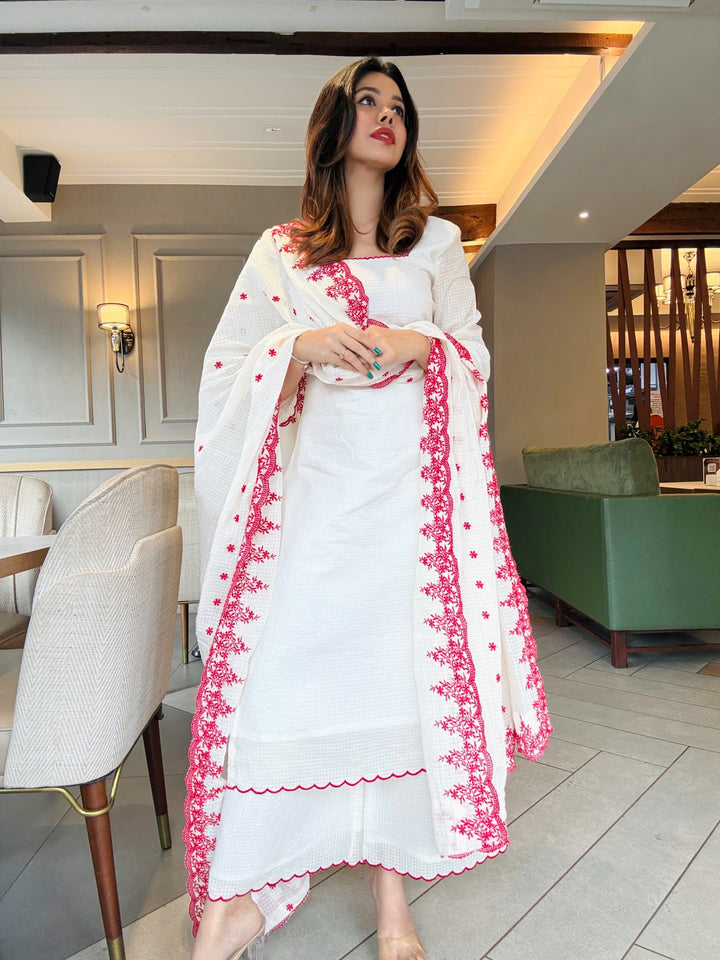 White Cotton Embroidered Kurta Set with Dupatta for Women