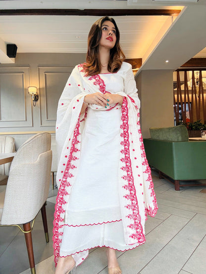 White Cotton Embroidered Kurta Set with Dupatta for Women