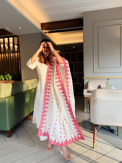 White Cotton Embroidered Kurta Set with Dupatta for Women