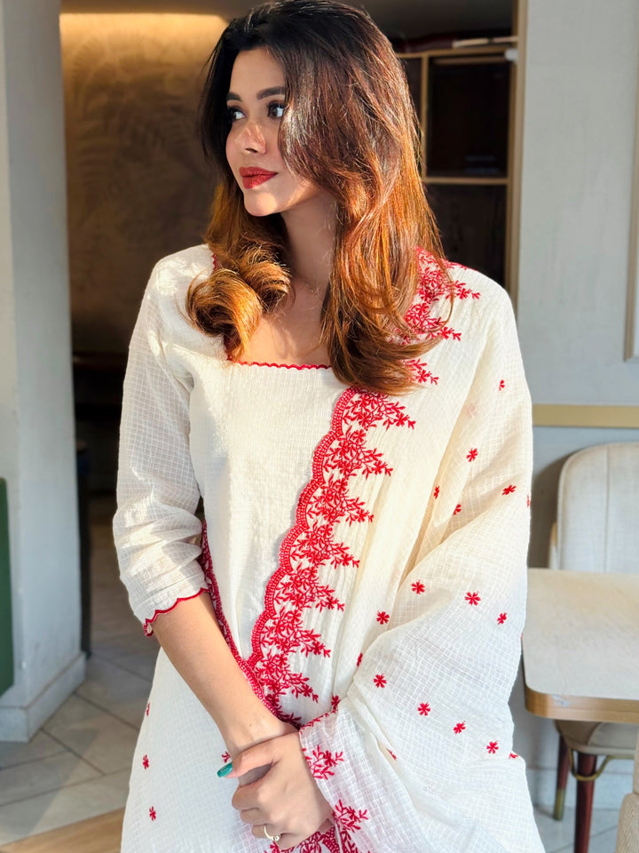 White Cotton Embroidered Kurta Set with Dupatta for Women