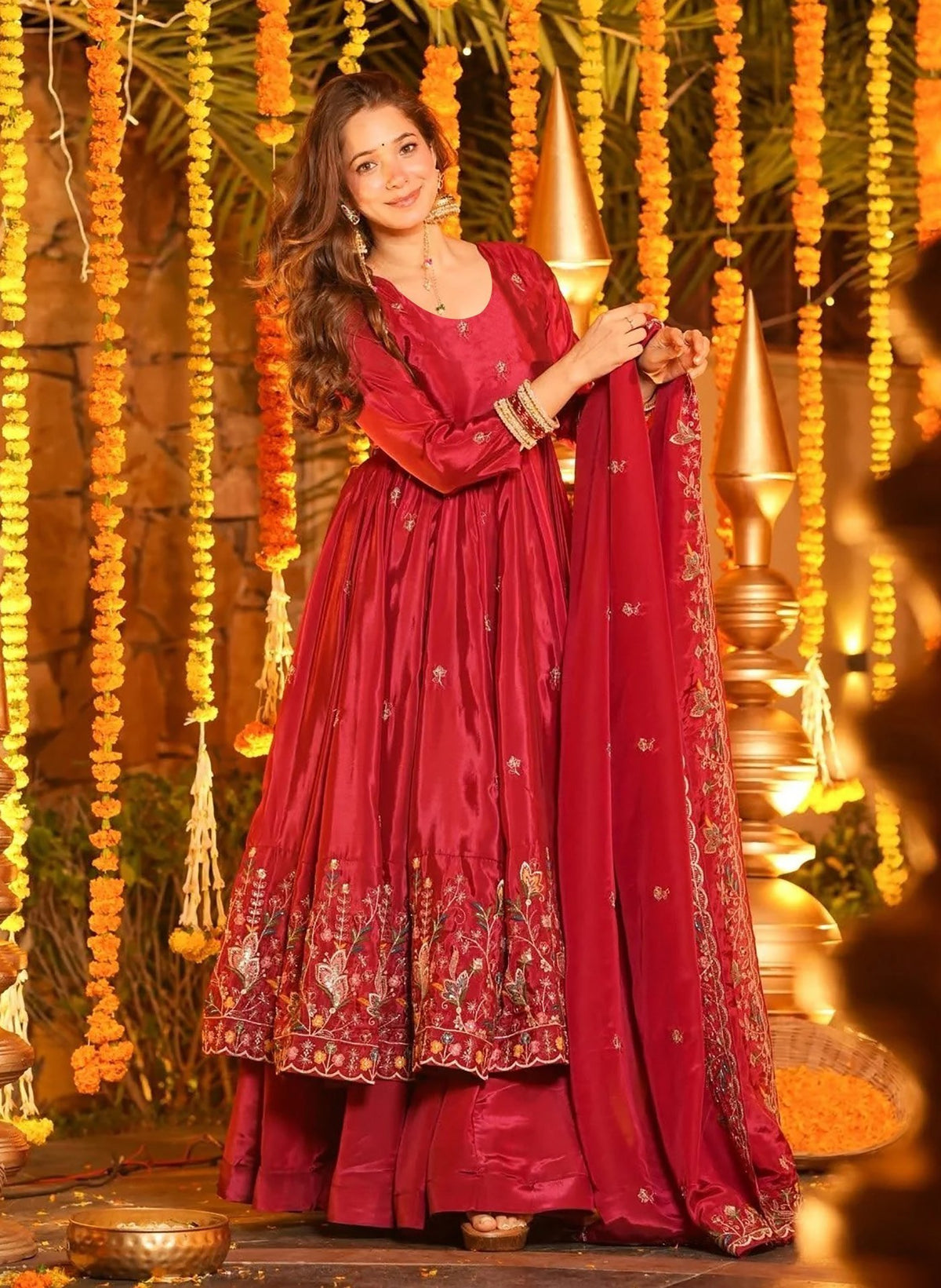 Elegant Red Embroidered Anarkali Suit Set with Dupatta