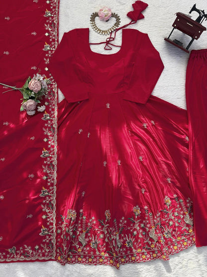 Elegant Red Embroidered Anarkali Suit Set with Dupatta