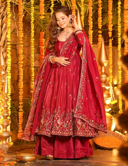Elegant Red Embroidered Anarkali Suit Set with Dupatta