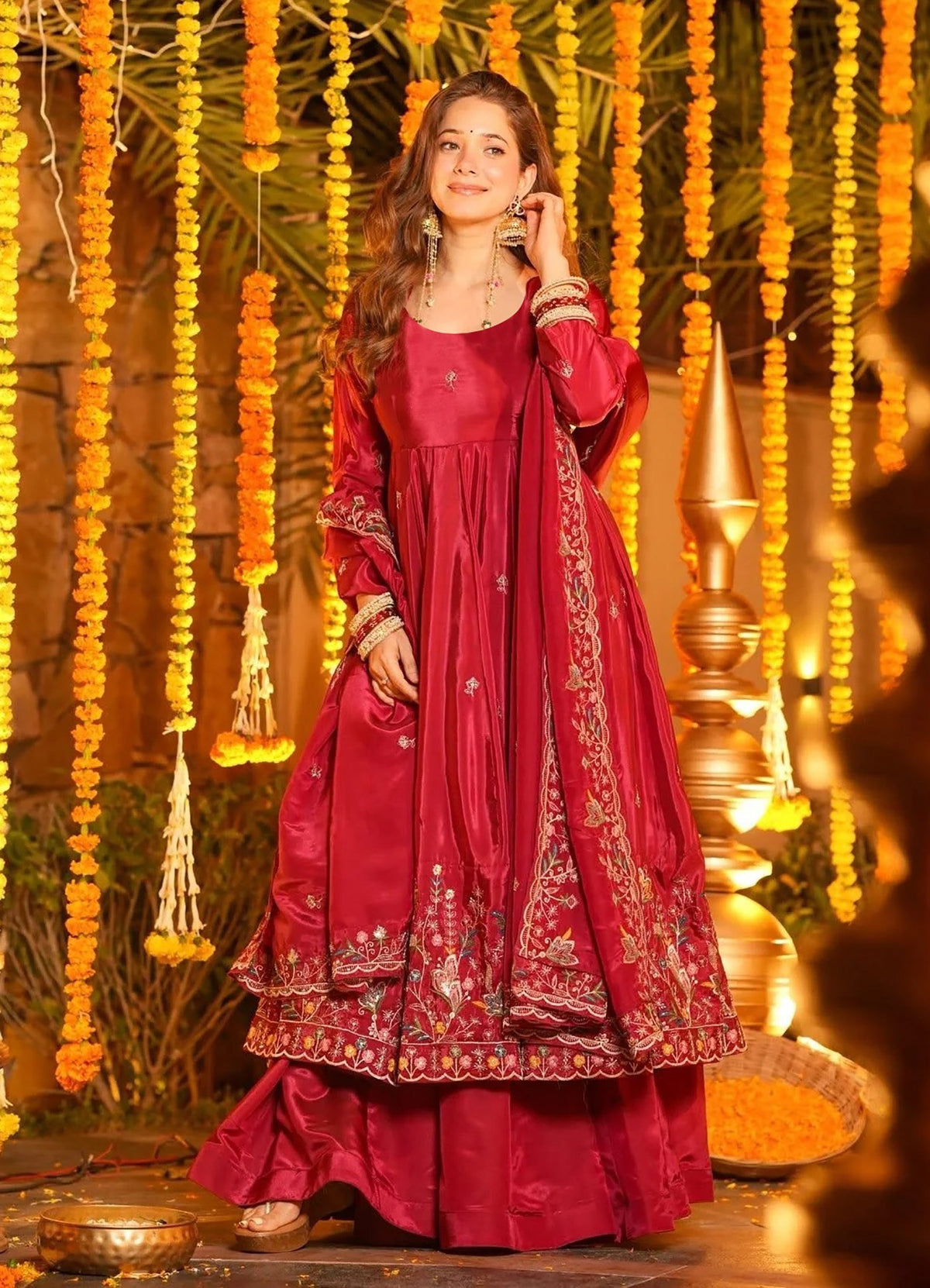 Elegant Red Embroidered Anarkali Suit Set with Dupatta