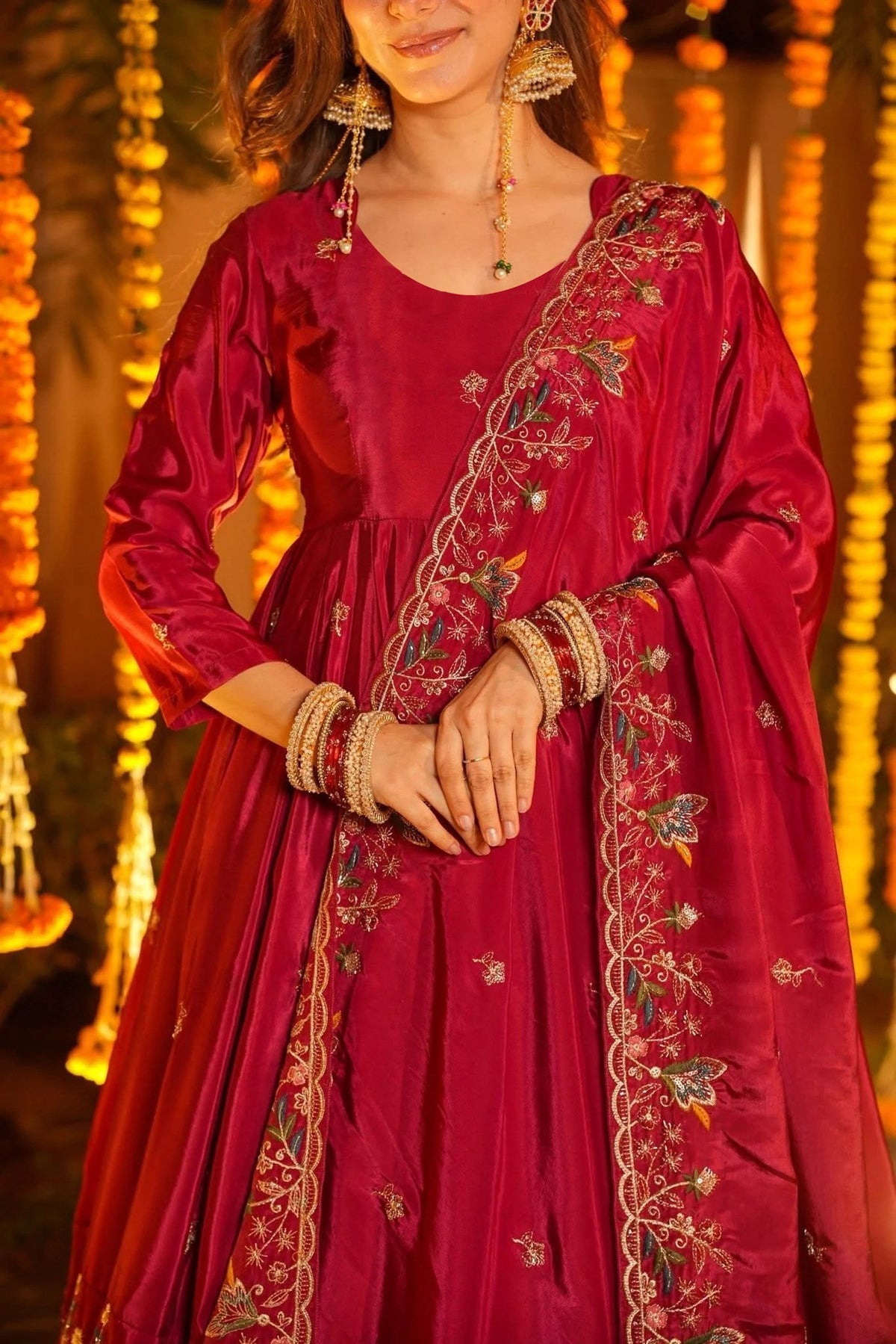 Elegant Red Embroidered Anarkali Suit Set with Dupatta