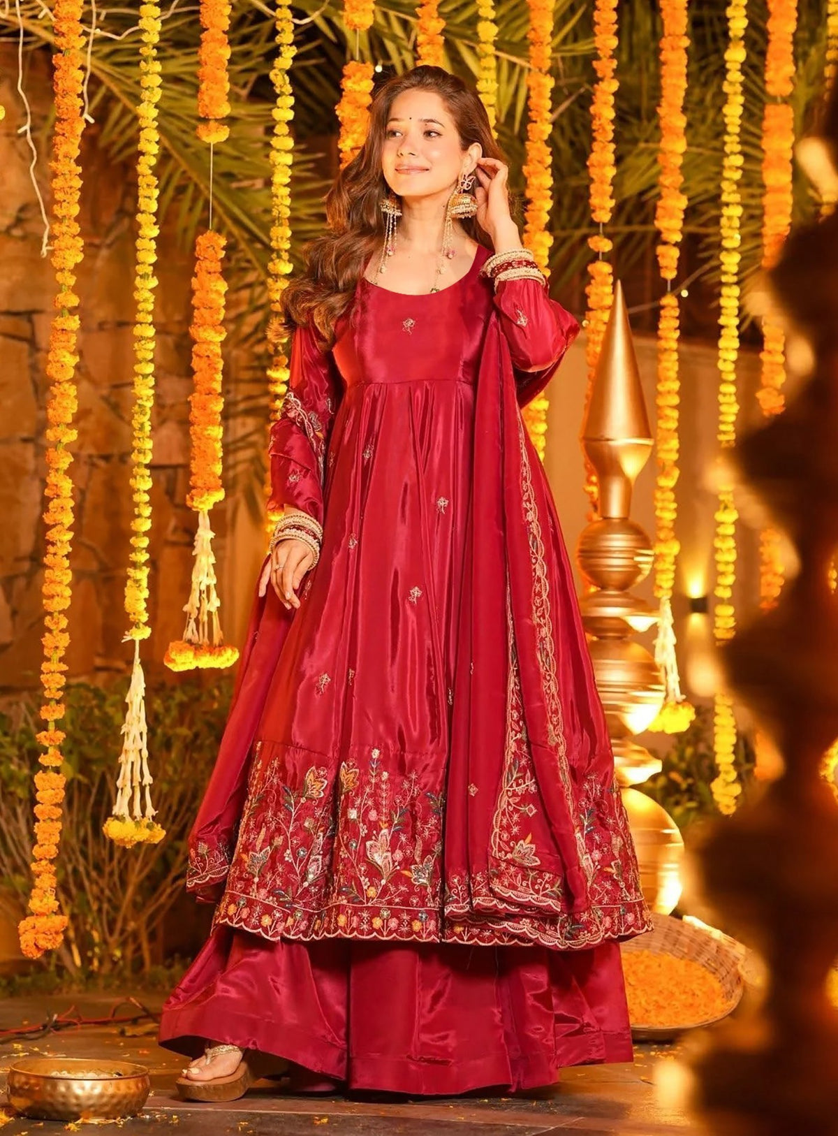 Elegant Red Embroidered Anarkali Suit Set with Dupatta