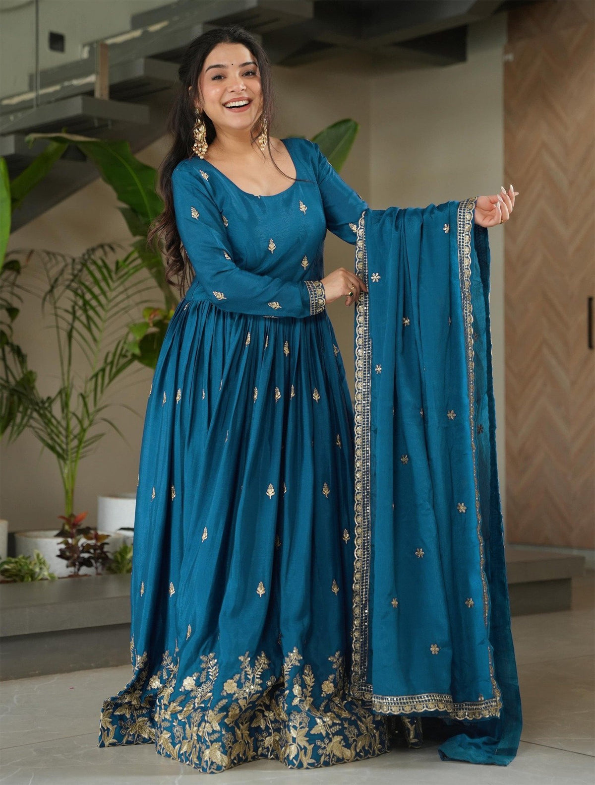 Elegant Teal Embroidered Anarkali Suit Set with Dupatta