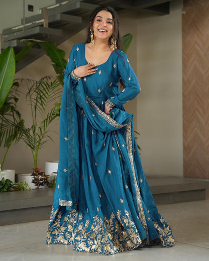Elegant Teal Embroidered Anarkali Suit Set with Dupatta