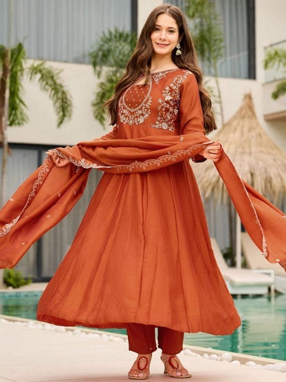 Elegant Orange Embroidered Anarkali Suit Set with Dupatta