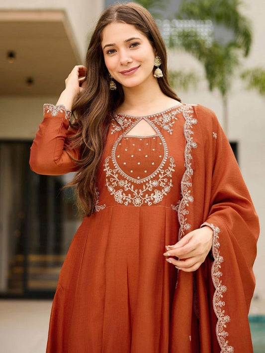 Elegant Orange Embroidered Anarkali Suit Set with Dupatta