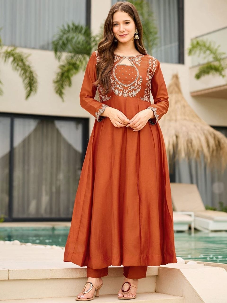 Elegant Orange Embroidered Anarkali Suit Set with Dupatta