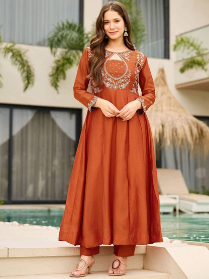 Elegant Orange Embroidered Anarkali Suit Set with Dupatta