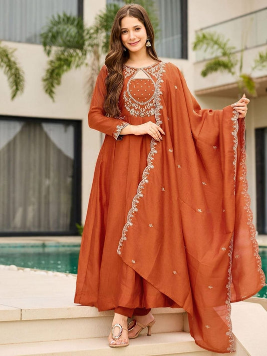 Elegant Orange Embroidered Anarkali Suit Set with Dupatta
