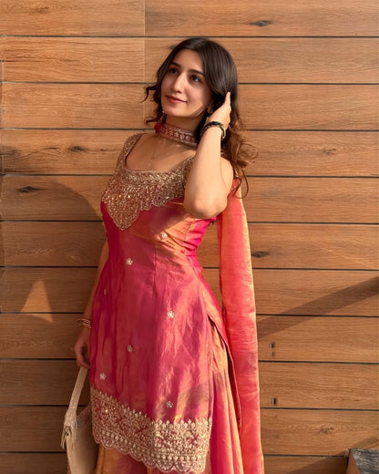Pink Embroidered Anarkali Suit Set with Dupatta