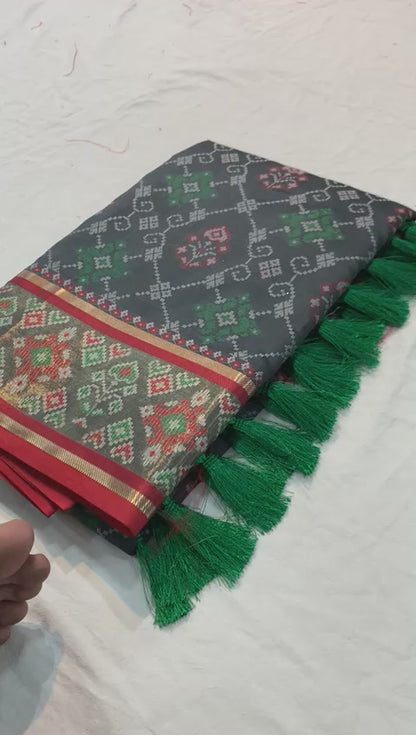 Elegant Black Printed Saree With Red Border Design